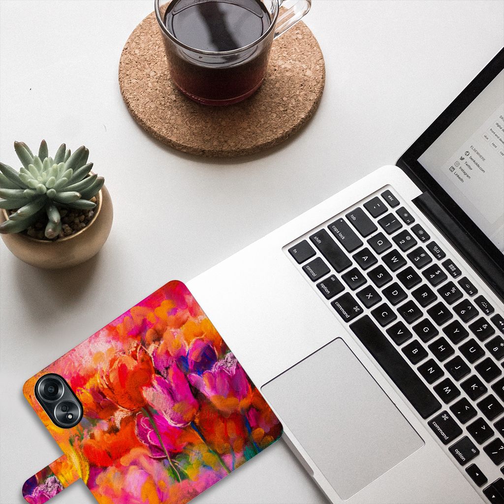 Hoesje OPPO A58 4G Tulips kleurrijk design bloemen laptop tafel