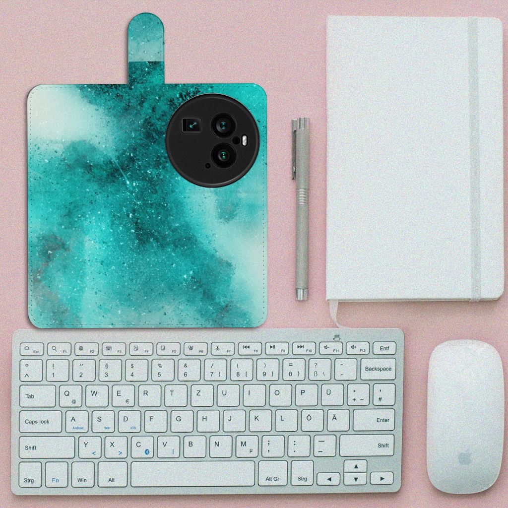 OPPO Find X6 Pro hoesje Painting Blue design voorzijde met toetsenbord notitieboek en muis
