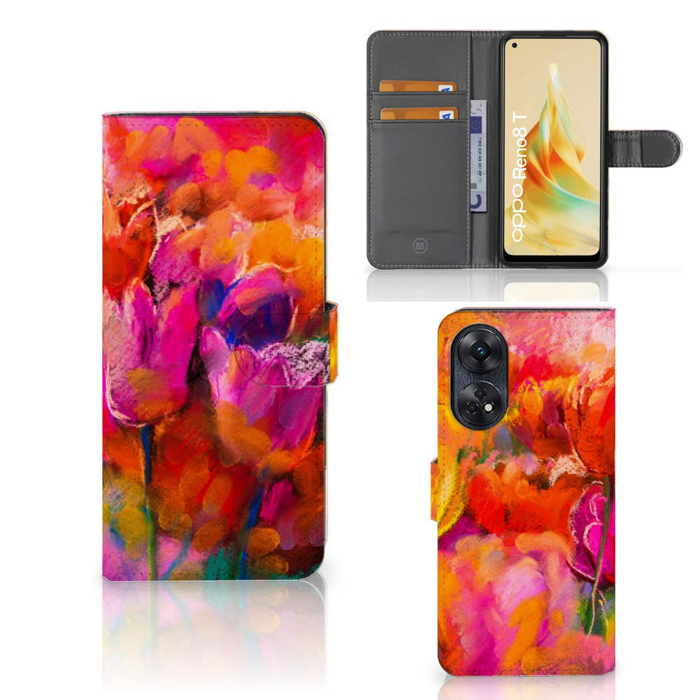 Hoesje OPPO Reno8 T 4G Tulips designkleurig voorzijde zijkant binnenzijde