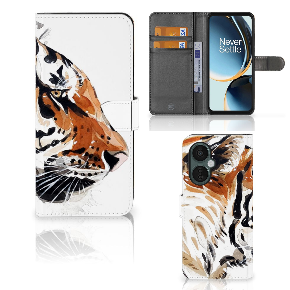 Hoesje OnePlus Nord CE 3 Lite Watercolor Tiger case ontwerp schilderij tijger aanzicht