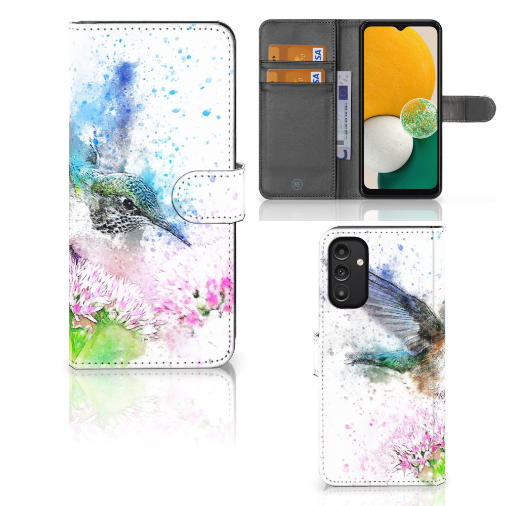 Hoesje Samsung Galaxy A14 4G Vogel met kolibrie afbeelding en kleurrijk bloemdesign.