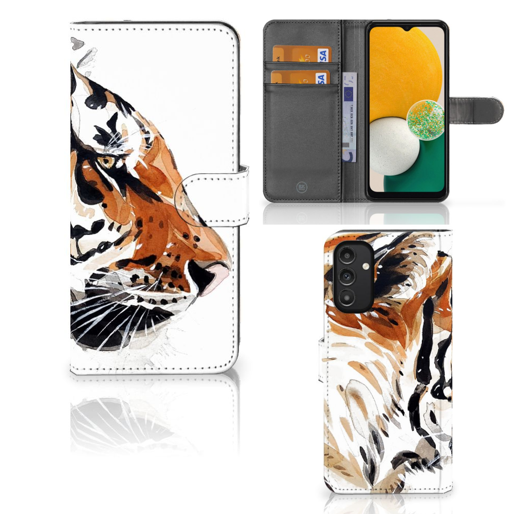Hoesje Samsung Galaxy A14 4G Watercolor Tiger met abstracte tijgerprint en magnetische sluiting.