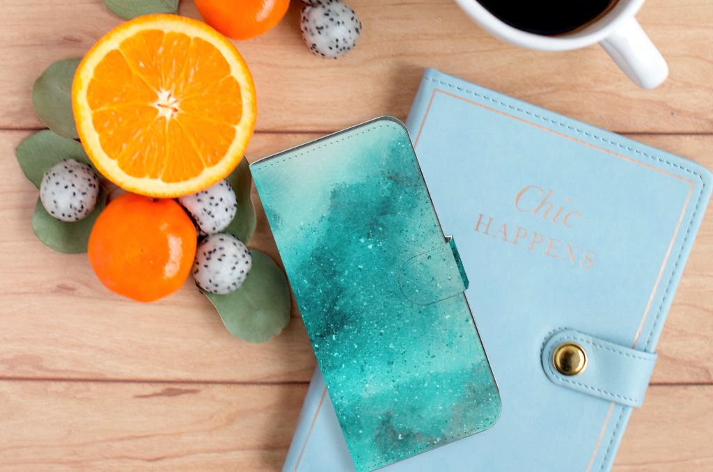 Samsung Galaxy A25 Hoesje Painting Blue bovenaanzicht met fruit en notitieboek