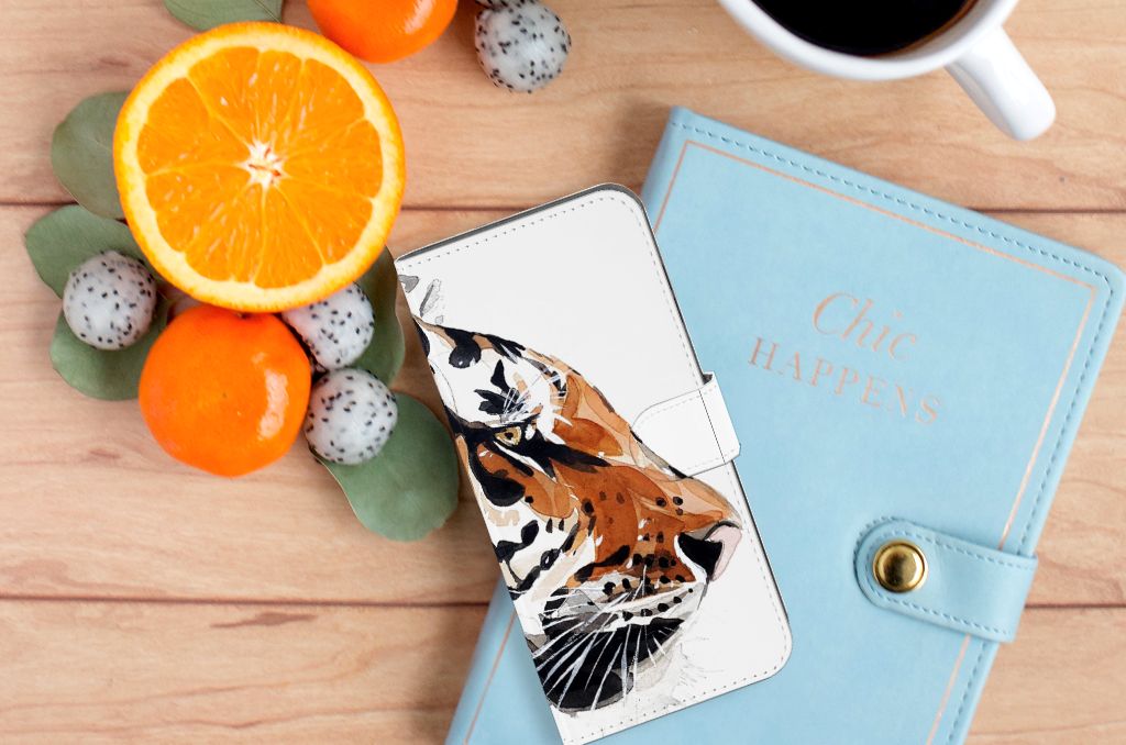 Hoesje Samsung Galaxy A25 Watercolor Tiger uitgelicht met citrusvruchten notitieboek koffiekop