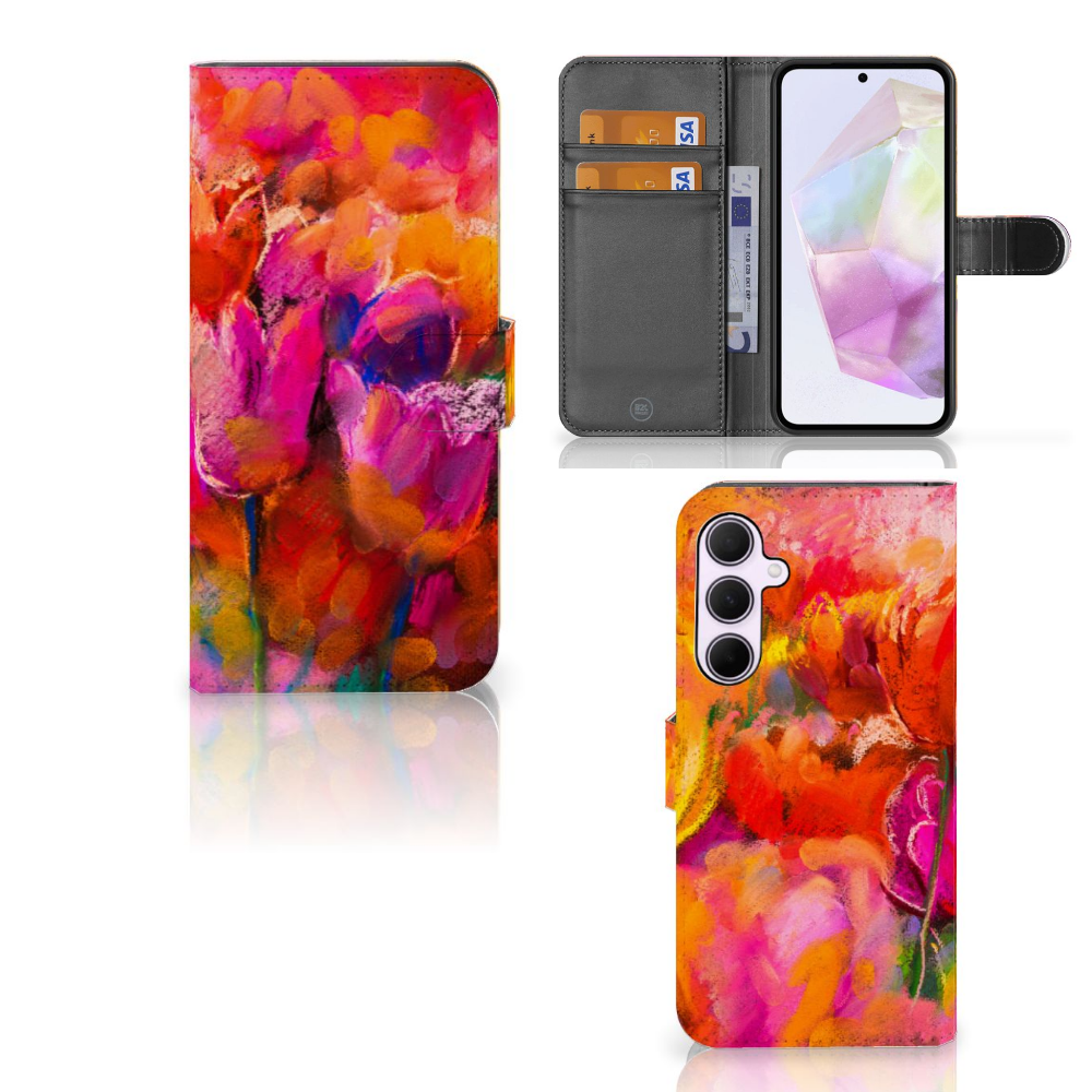 Hoesje Samsung Galaxy A35 Tulips met kleurrijke tulpen, ruimte voor 3 pasjes, perfect cadeau voor bescherming en gebruiksgemak.