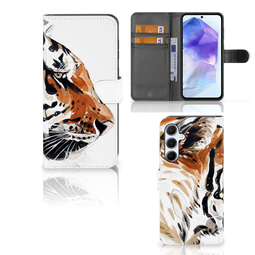 Samsung Galaxy A55 Hoesje Watercolor Tiger zij aanzicht en binnenkant ontwerp
