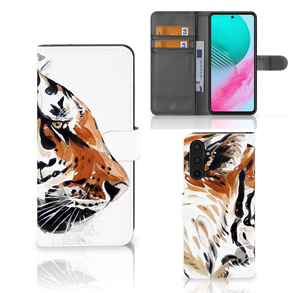 Samsung Galaxy M54 Hoesje Watercolor Tiger zijaanzicht voorkant binnenkant