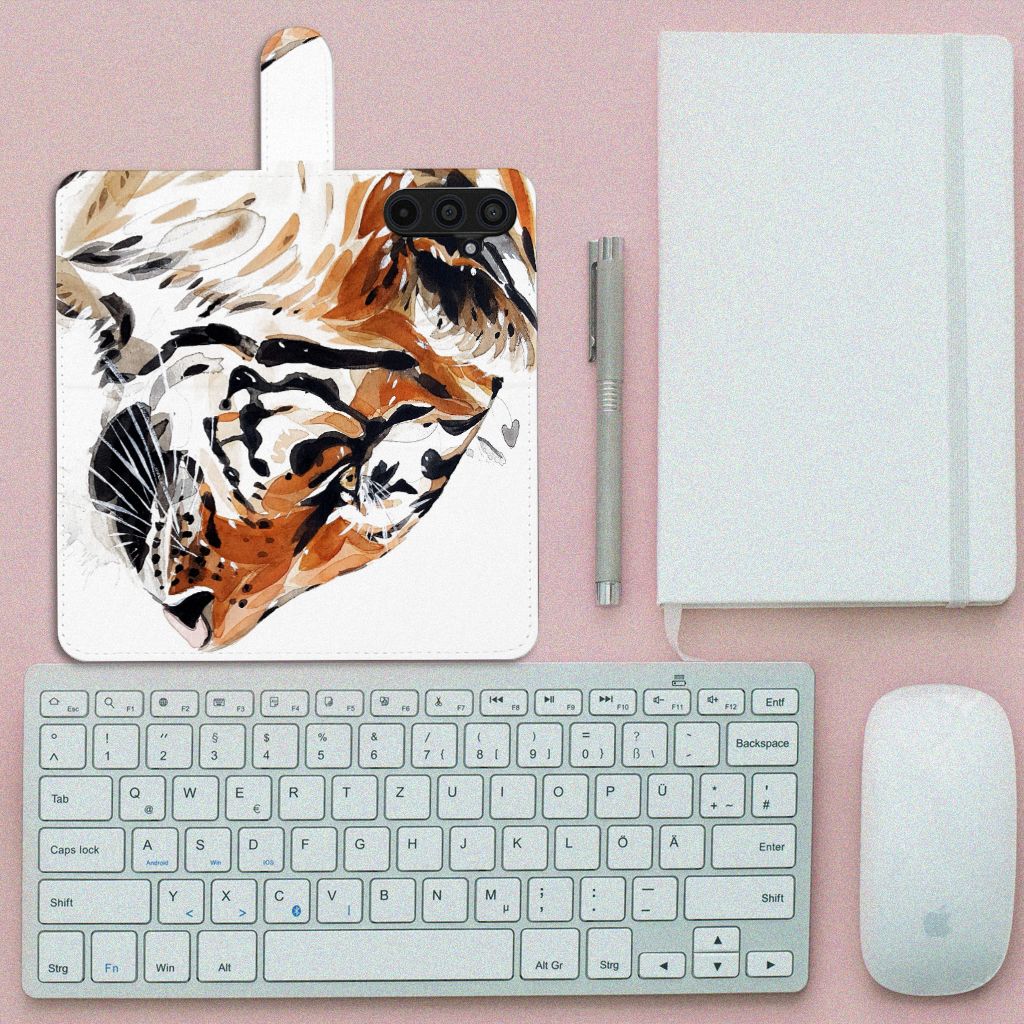 Samsung Galaxy M54 hoesje Watercolor Tiger bovenaanzicht toetsenbord notitieboek