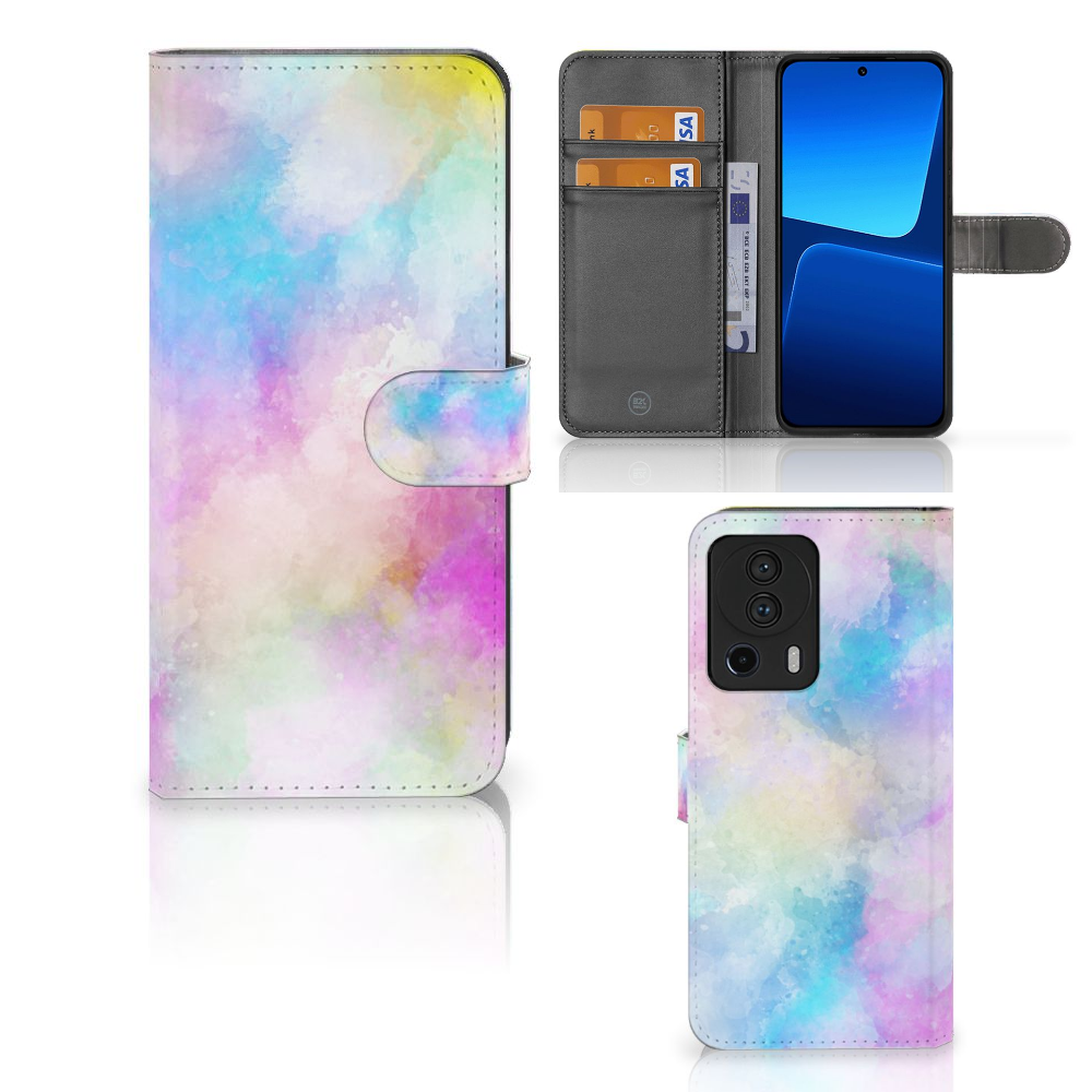 Hoesje Xiaomi 13 Lite Watercolor Light met pasjeshouder en kleurrijk pastelontwerp.