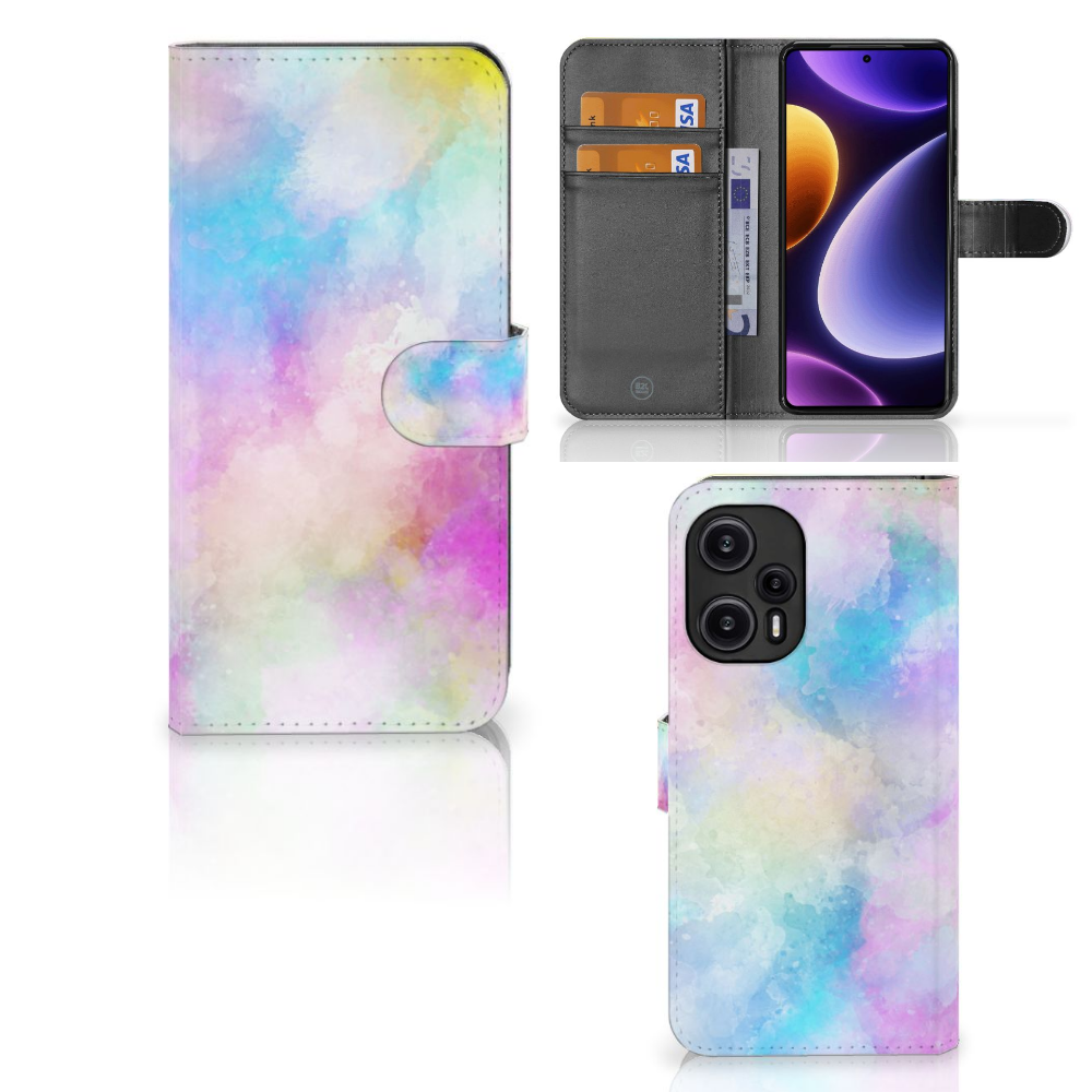 Hoesje Xiaomi Poco F5 Watercolor Light met pasjeshouder en kleurrijk watercolor design.
