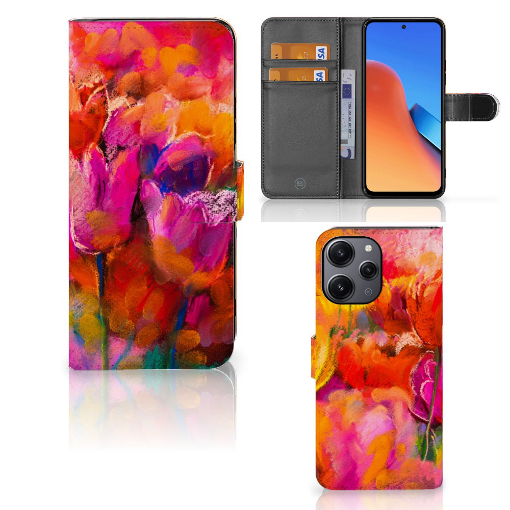 Hoesje Xiaomi Redmi 12 Tulips bloemen kleurrijk design voorkant achterkant