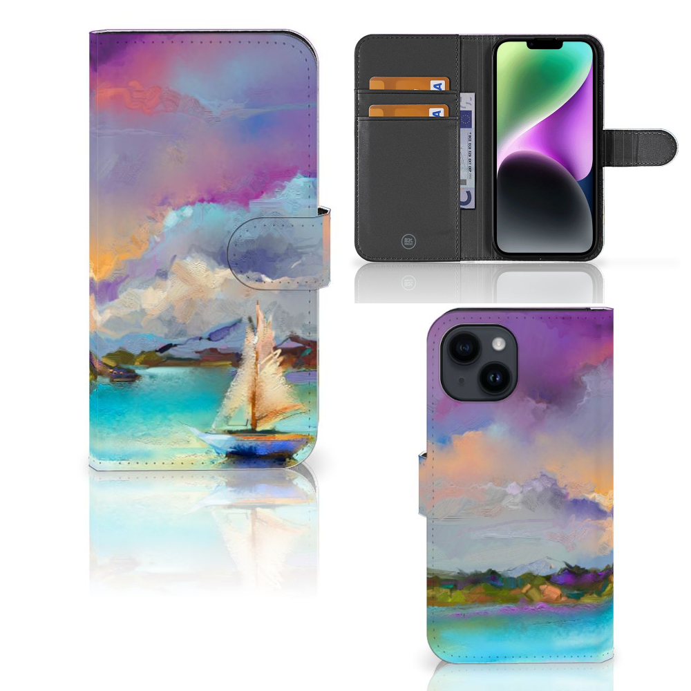 Hoesje iPhone 15 Boat met abstract zeilboot design in paars, blauw en groen. Ruimte voor drie pasjes.