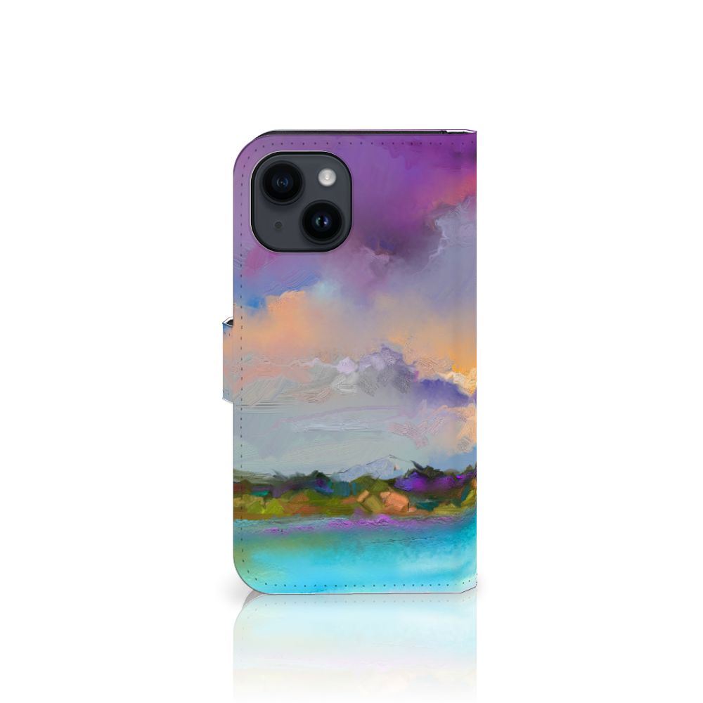 Hoesje iPhone 15 Boat met kleurrijk abstract design van een boot en landschap in paars, blauw en groen.