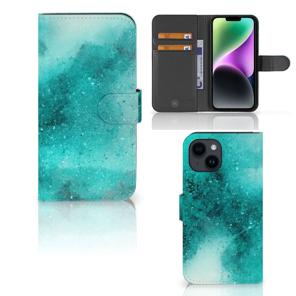 Hoesje iPhone 15 Painting Blue, bookcase met prachtig blauw palet design, ruimte voor 3 pasjes. 💙