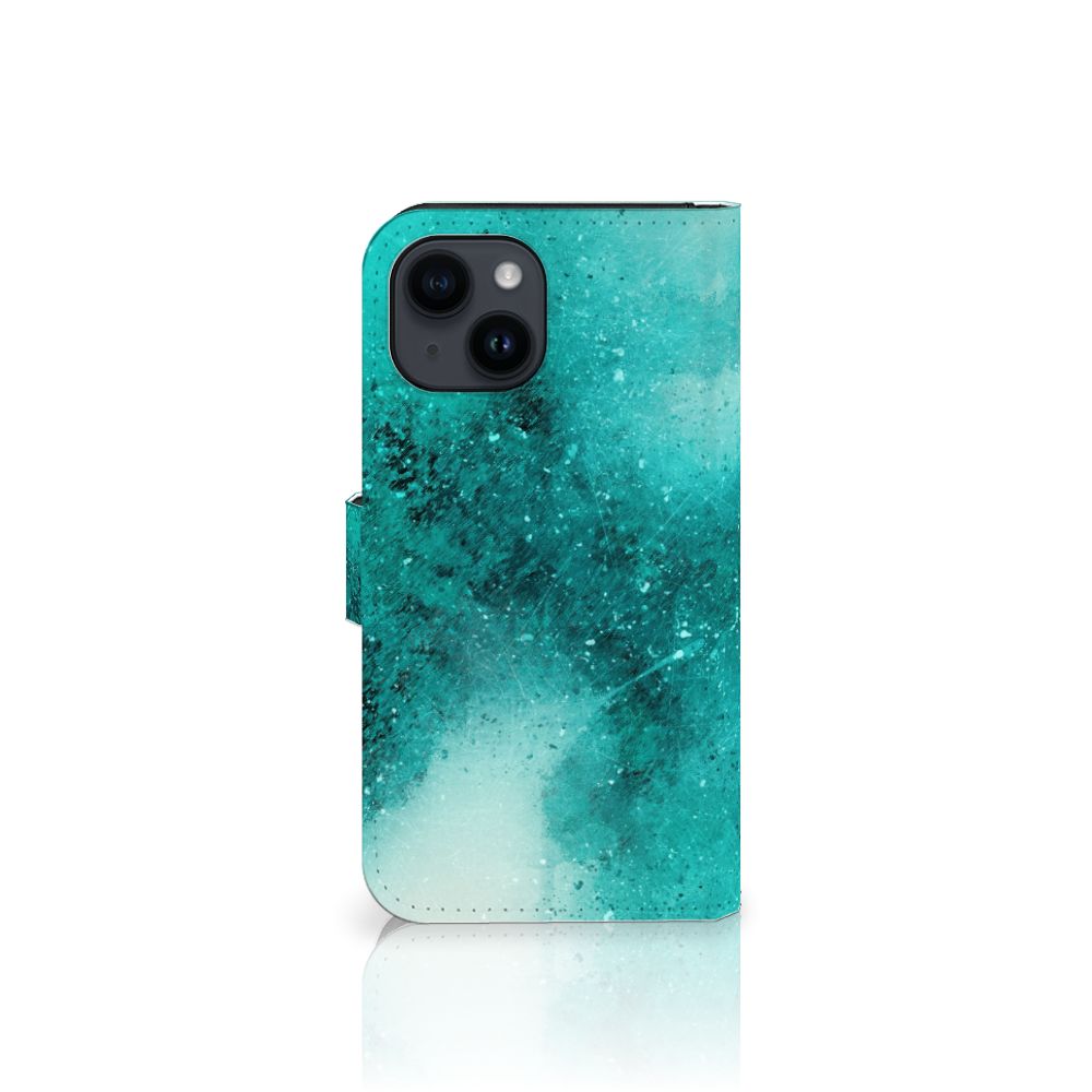 Hoesje iPhone 15 Painting Blue met een prachtig blauw palet design en ruimte voor 3 pasjes. 🎨