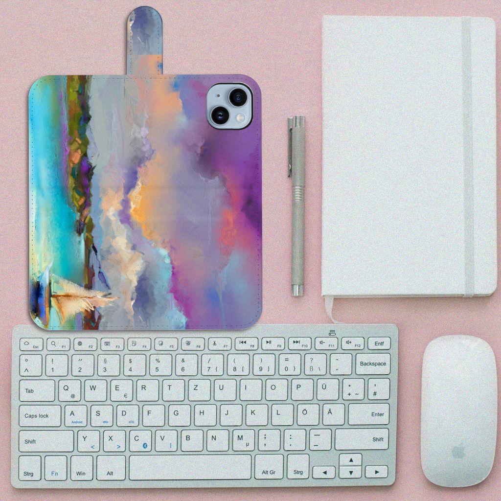 Hoesje iPhone 15 Plus Boat met abstract kunst ontwerp en boot op kleurrijke achtergrond 🎨
