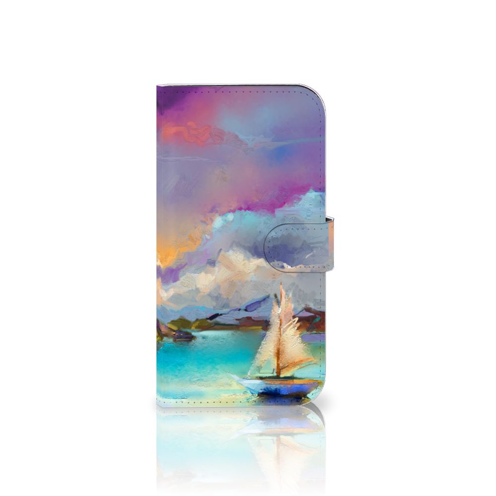 Hoesje iPhone 15 Plus Boat met artistiek ontwerp van een zeilboot in kleuren van paars, blauw en groen.