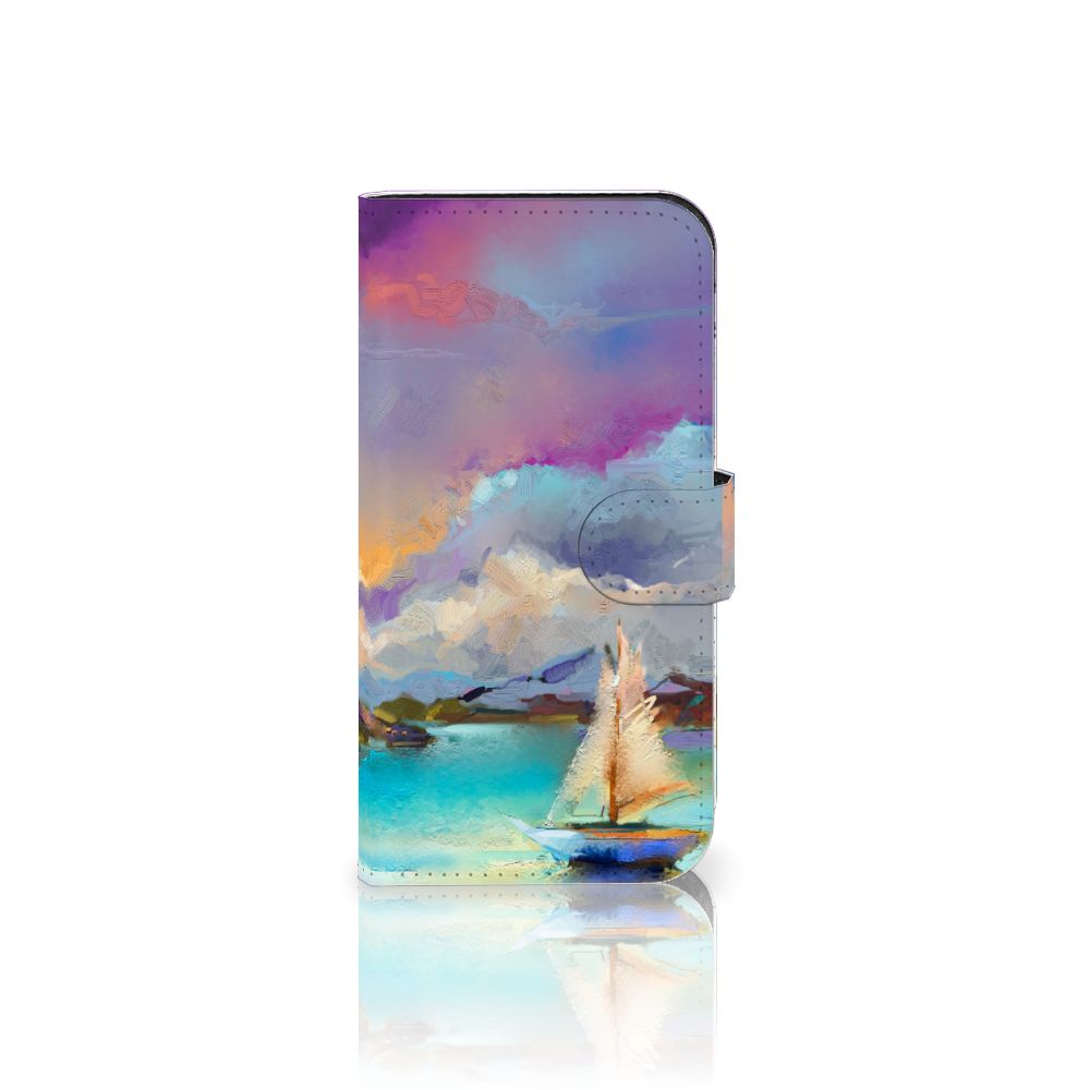 Hoesje iPhone 15 Pro Boat met abstract design van een zeilboot in kleuren paars, blauw en groen.
