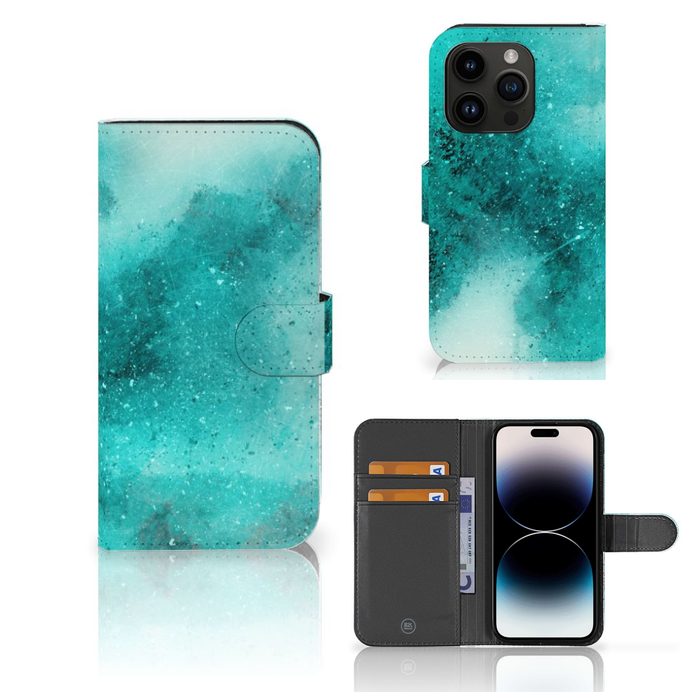 Hoesje iPhone 15 Pro Painting Blue met prachtig blauw palet design en ruimte voor 3 pasjes.