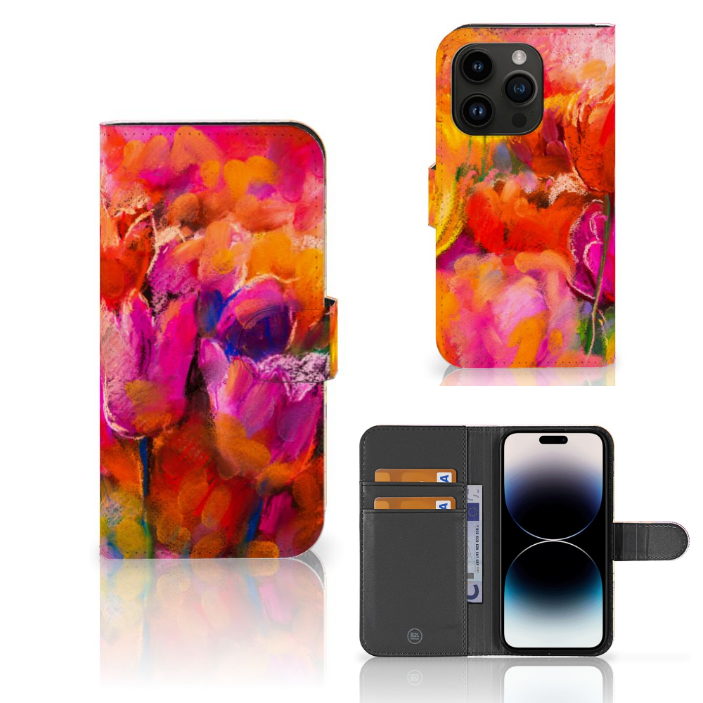 Hoesje iPhone 15 Pro Tulips met kleurrijk tulpen ontwerp en ruimte voor 3 pasjes 🌷.