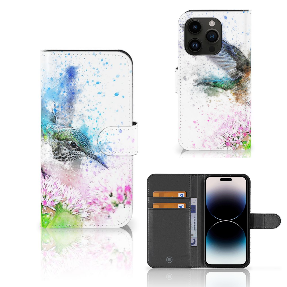 Hoesje iPhone 15 Pro Vogel met kleurrijk kolibrie design en bloemen op een stijlvolle telefoonhoes.