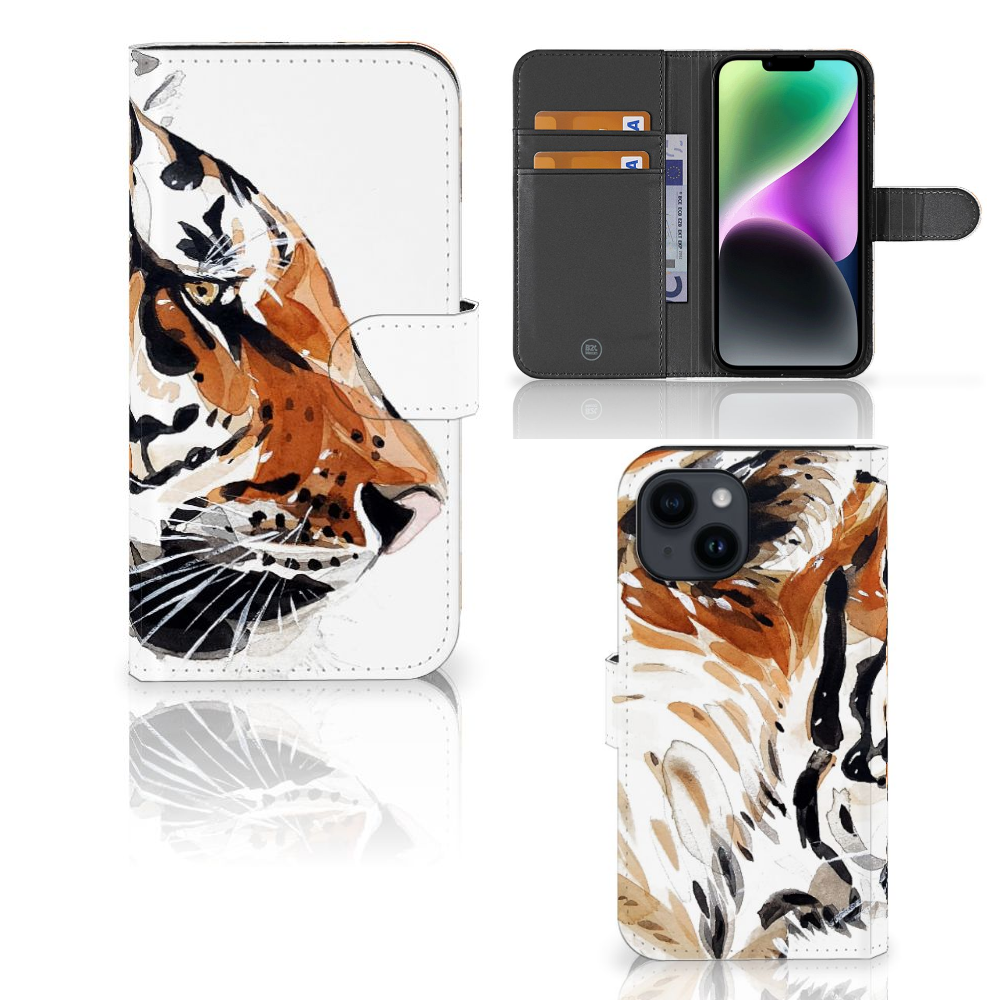 Hoesje iPhone 15 Watercolor Tiger met abstracte tijgerontwerp en magnetische sluiting.