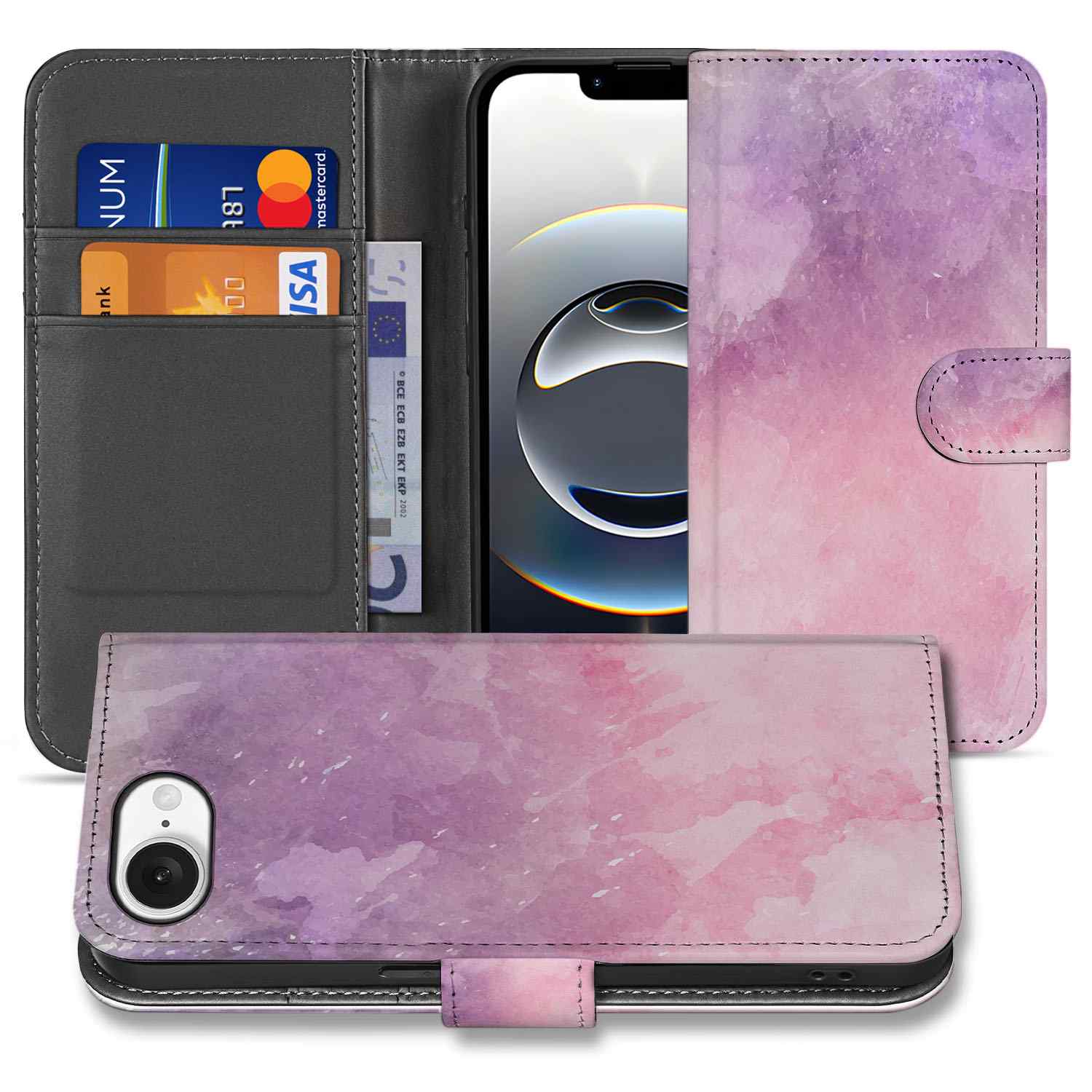 Hoesje iPhone 16e Pink Purple Paint boekcase schilderachtig aanzicht