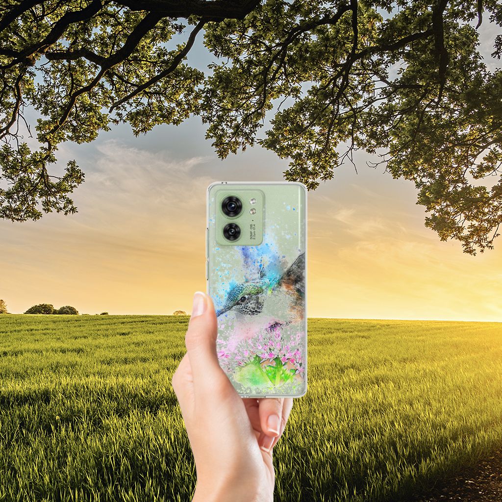 Hoesje maken Motorola Edge 40 Vogel smartphone met bloem patroon in hand buiten landschap