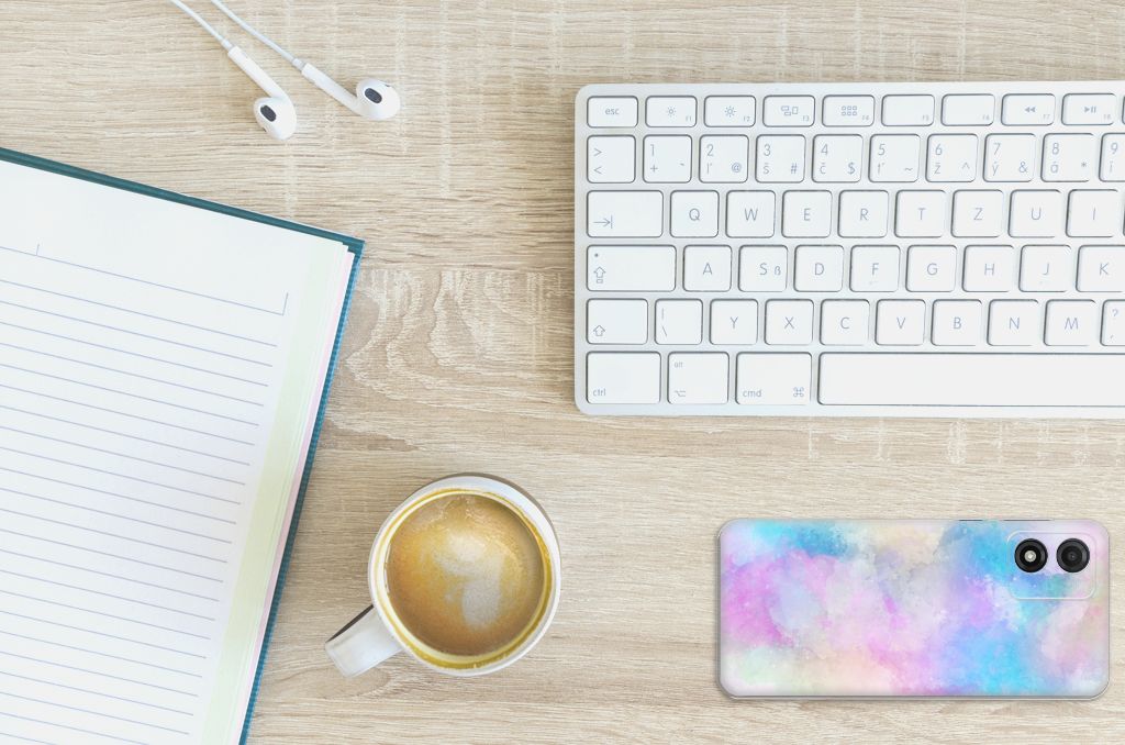 Hoesje maken Motorola Moto E13 Watercolor Light telefoonhoesje bovenaanzicht bureau