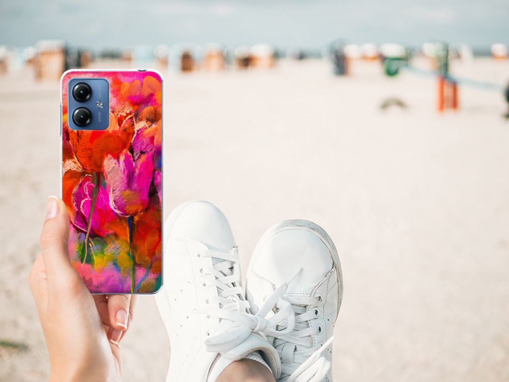 Hoesje maken Motorola Moto G14 Tulips design bloemen aanzicht