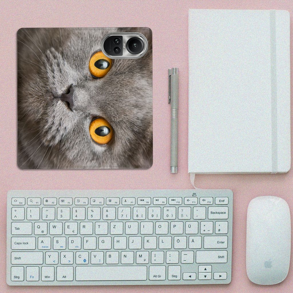 Hoesje maken OPPO Reno10 | 10 Pro Britse Korthaar kat gezicht bovenaanzicht