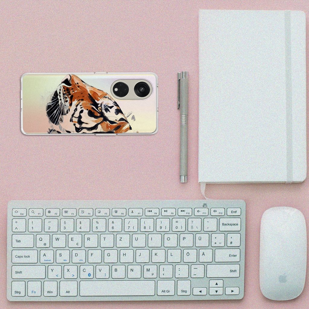 OPPO Reno8 T 5G Hoesje maken OPPO Reno8 T 5G Watercolor Tiger achterkant in grijs wit kantoor setting