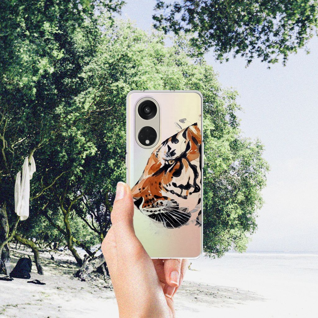 OPPO Reno8 T 5G Hoesje maken Watercolor Tiger achterkant hand strand