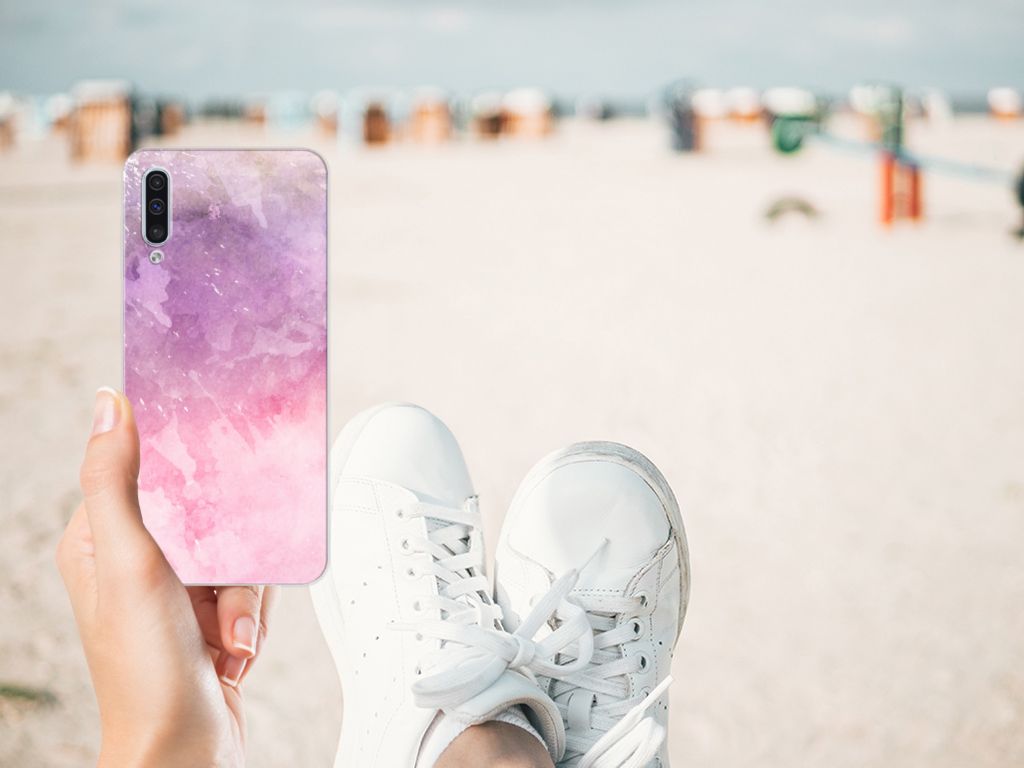 Samsung Galaxy A50 Hoesje maken Pink Purple Paint achteraanzicht strand