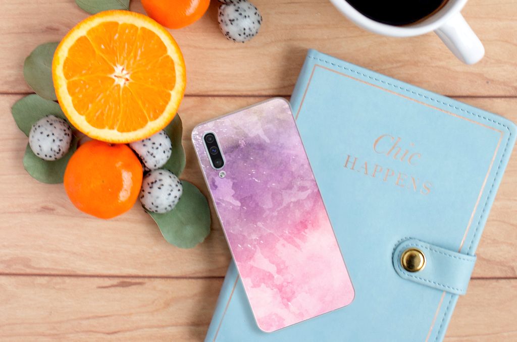 Samsung Galaxy A50 Hoesje maken Pink Purple Paint achterkant en zijkanten met fruit en notitieboek