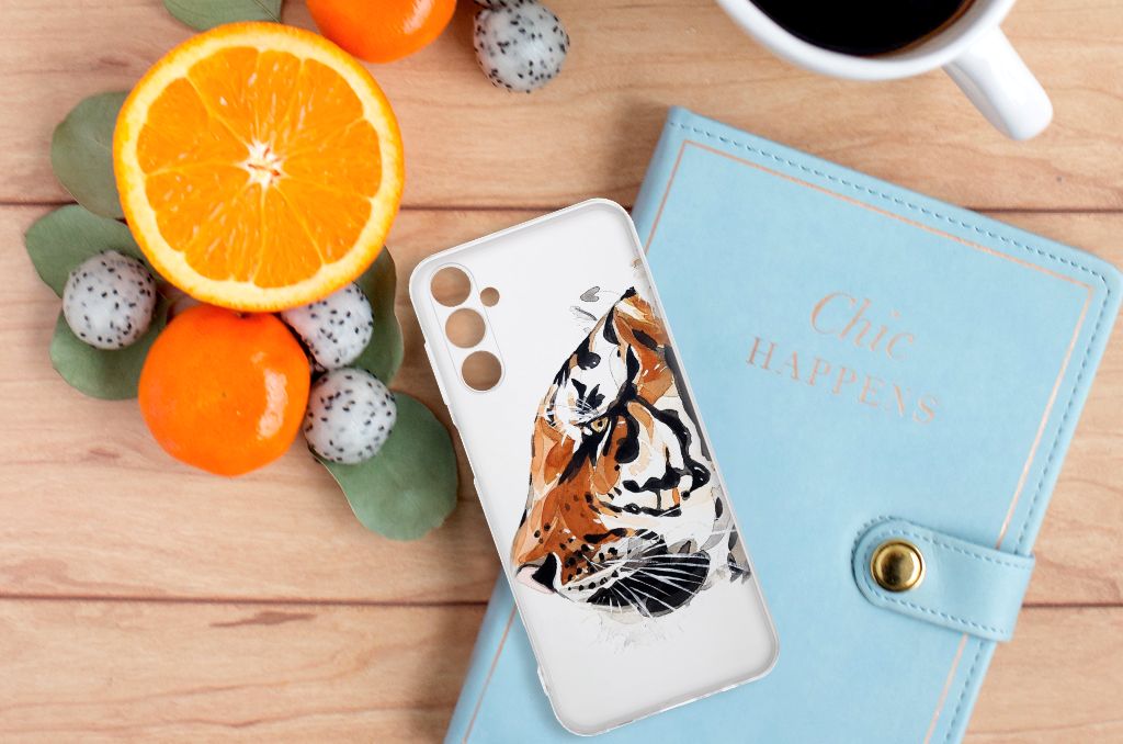 Samsung Galaxy M14 hoesje maken Watercolor Tiger bovenaanzicht