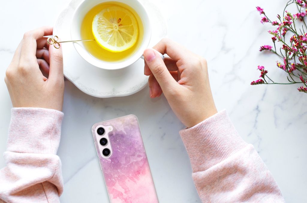 Samsung Galaxy S23 hoesje maken Pink Purple Paint hand met thee
