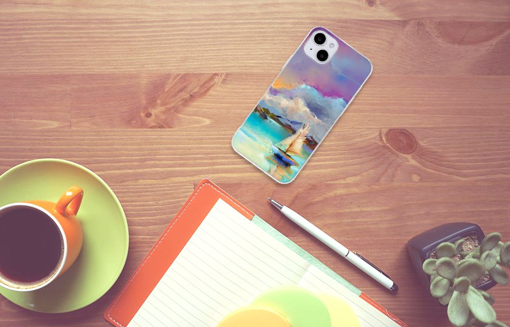 Hoesje maken iPhone 15 Plus Boat met abstracte schilderij van boot op meer in blauwe en paarse tinten.