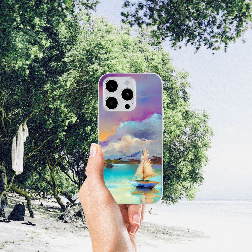 Hoesje maken iPhone 15 Pro Max Boat met schilderachtige boot op een meer, prachtige blauwe en paarse tinten 🌊.