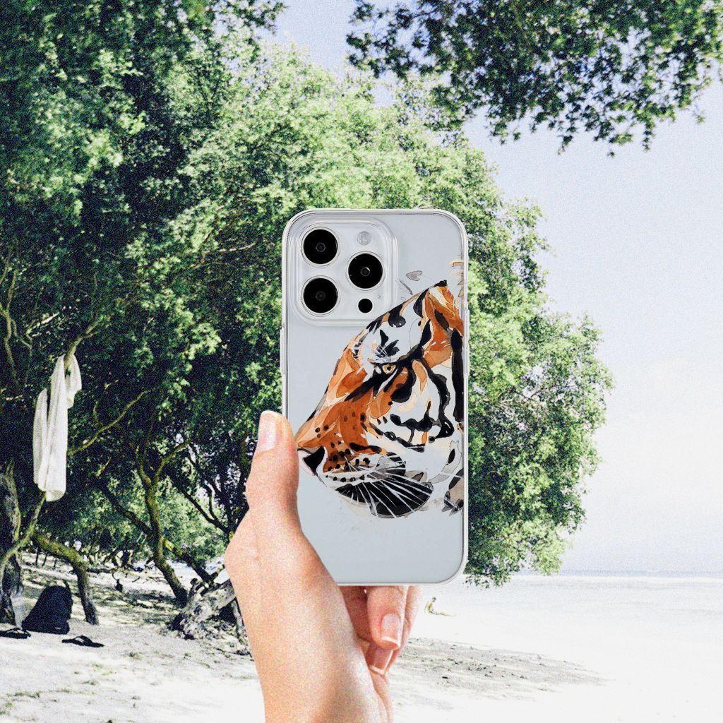 Hoesje maken iPhone 15 Pro Max Watercolor Tiger met een geschilderde tijger tegen een grijze achtergrond.