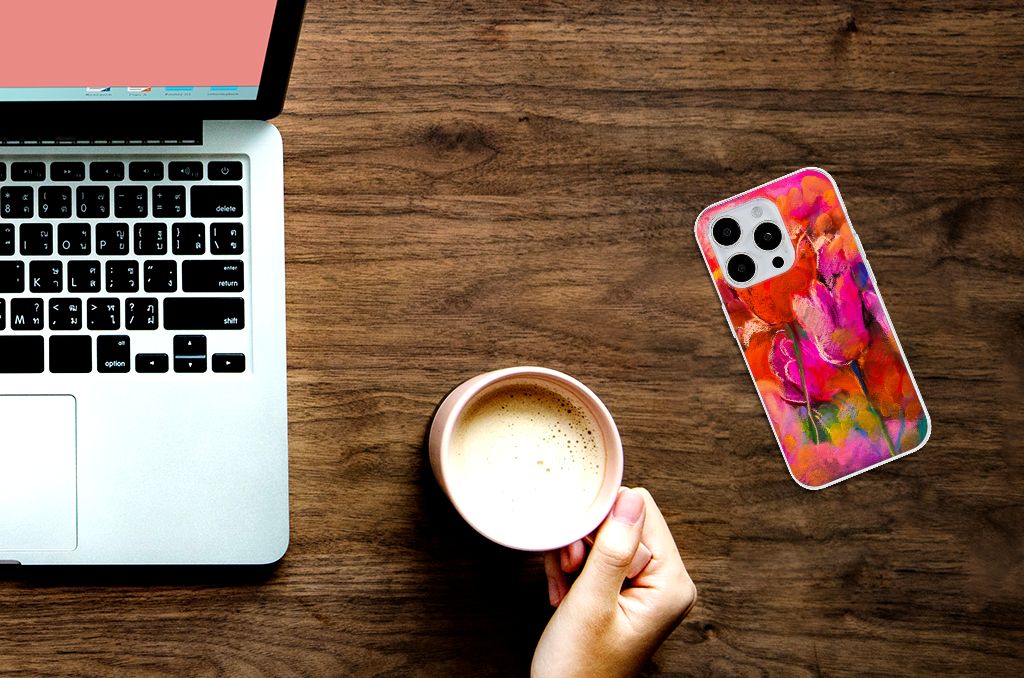 Hoesje maken iPhone 15 Pro Tulips met een kleurrijk bloemenontwerp. Perfect voor je smartphone!