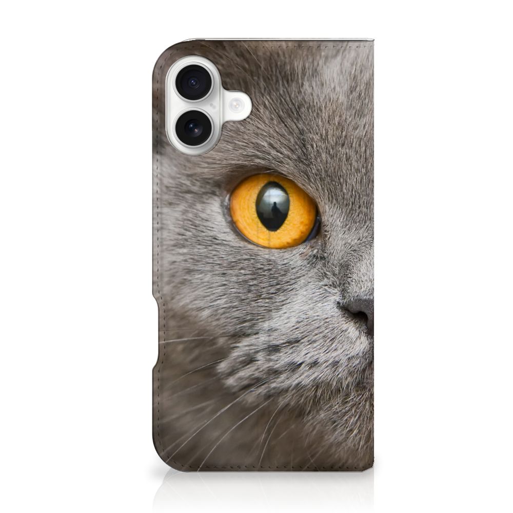 Hoesje maken iPhone 16 Plus Britse Korthaar katten oog design voorkant