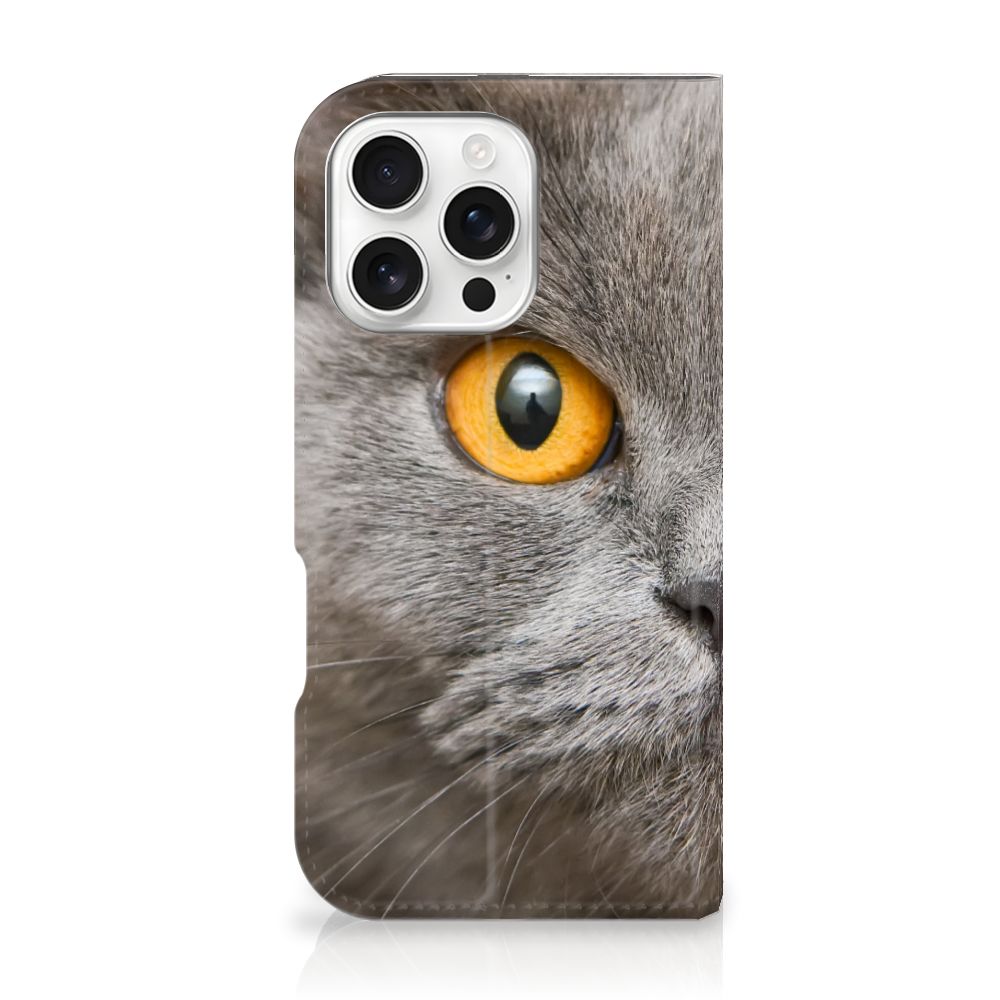 Hoesje maken iPhone 16 Pro Britse Korthaar kattenoog close-up