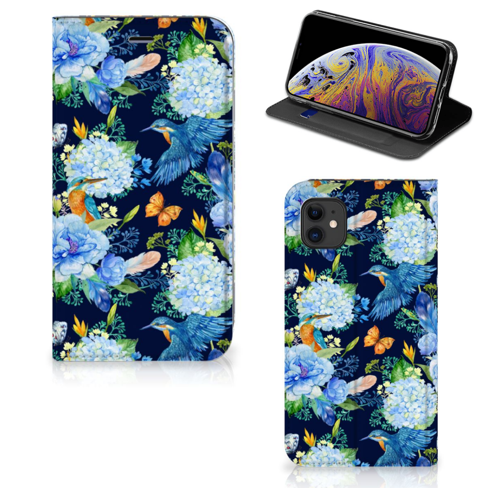 Hoesje maken voor Apple iPhone 11 IJsvogel met bloemen en vlinders, perfect en kleurrijk design.