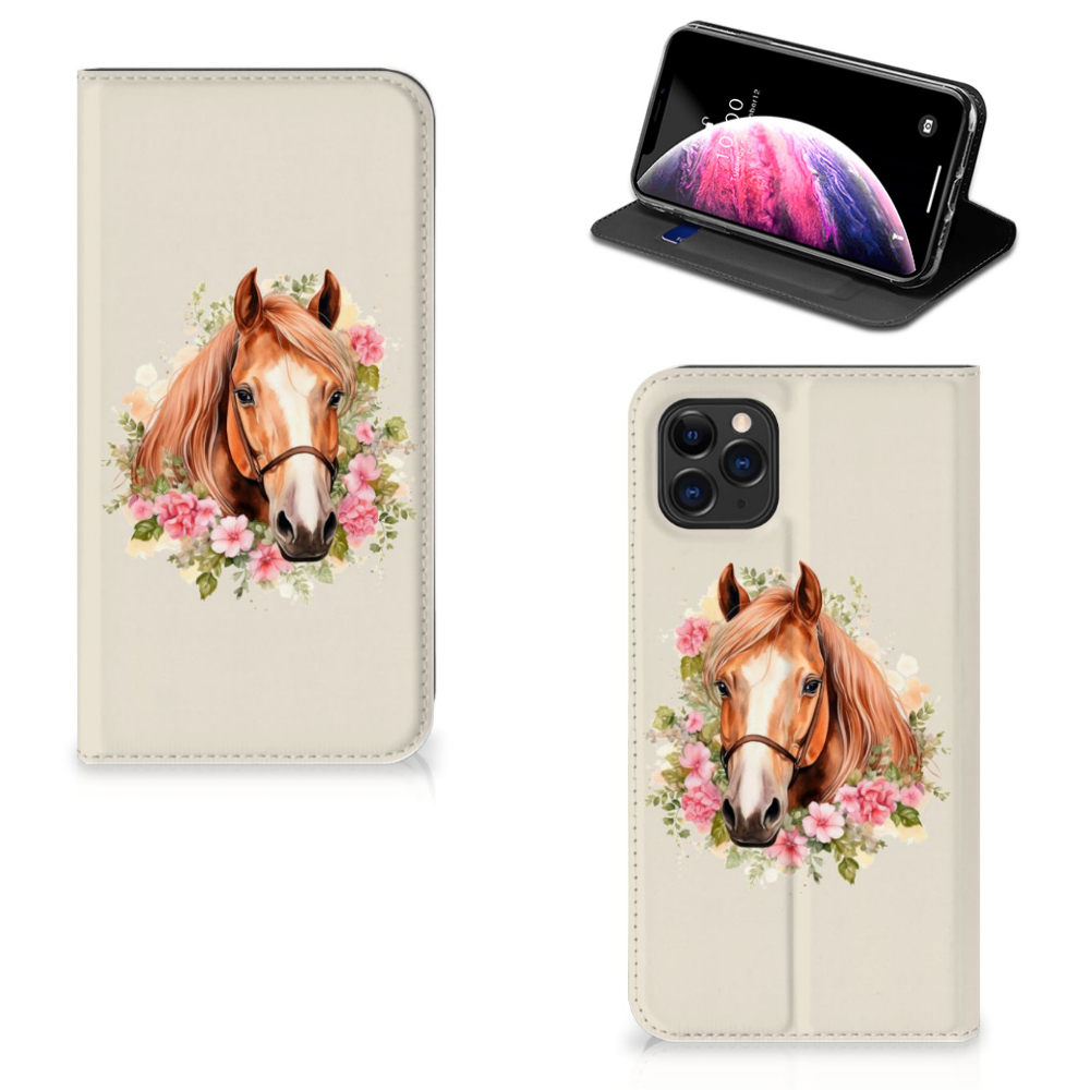 Hoesje maken voor Apple iPhone 11 Pro Max Paard met mooie paardenafbeelding en bloemen.