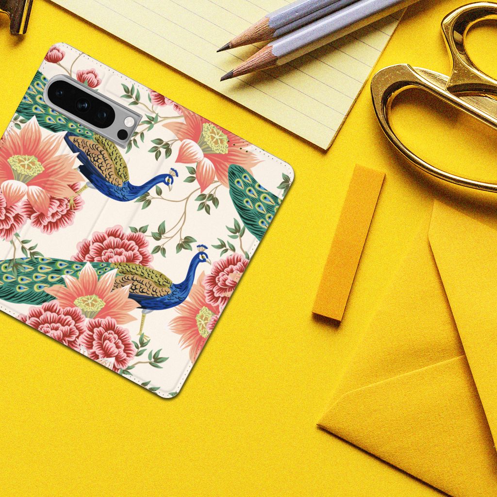Google Pixel 8 Pro hoesje maken Pink Peacock design bovenaanzicht