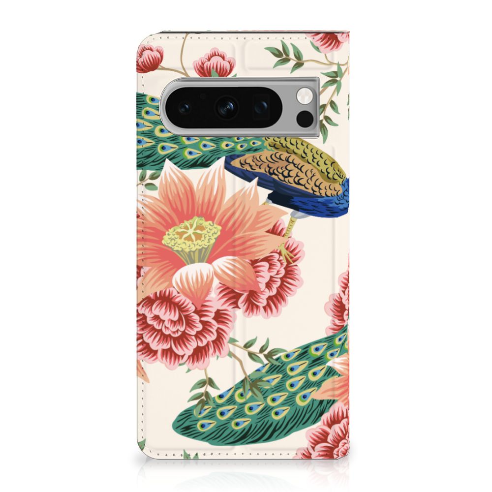 Google Pixel 8 Pro Hoesje maken Pink Peacock design voorkant