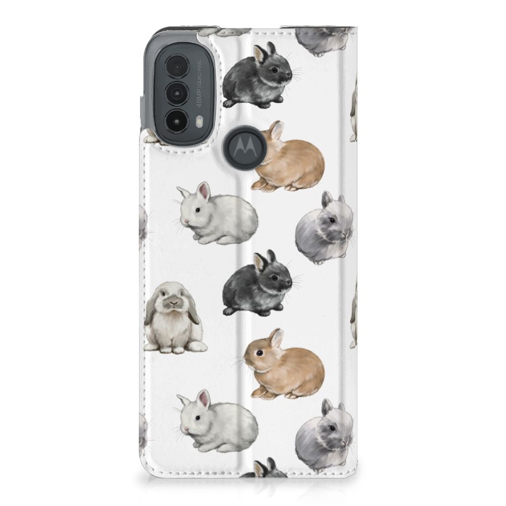 Motorola Moto E20 hoesje maken Konijntjes ontwerp bovenaanzicht