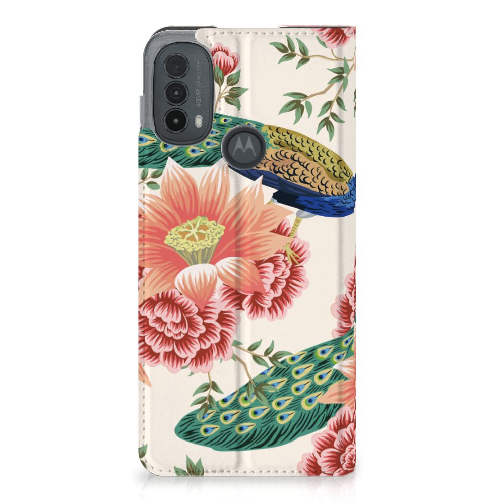 Motorola Moto E20 hoesje maken Pink Peacock design achterkant