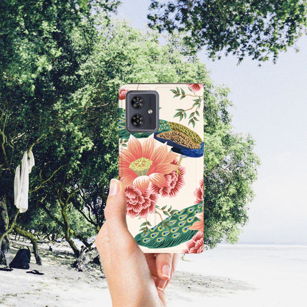 Motorola Moto G54 hoesje maken Pink Peacock hand strand bloemen